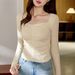 2025 #Craftsmanship Selection # Thin Velvet Unique Design Drawn Square Neck T-Shirt Women's Long Sleeve 2025 Autumn/Winter_ecoleips.com