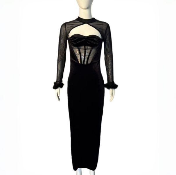 Women Hollow Out Bodycon Long Dress Faux Fur Mesh Spliced Sexy Nightclub Style Slimming Dress_ecoleips.com