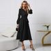 Aria Basics Aria Basics 2026 New Women's Long Sleeve Slim Pleated Belt V-Neck Dress Cross-Border A-Line_ecoleips.com