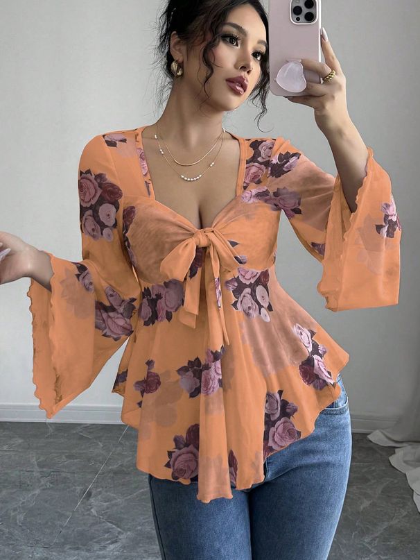Women's Long Sleeve Shirt French Sweet Floral Tie Dye Square Neck Top Design European And American Style_ecoleips.com