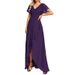 Women's Clothing Double V Neck Backless Chiffon Dress Solid Color Short Sleeved Long Dress Banquet Bridesmaid Evening Dress_ecoleips.com