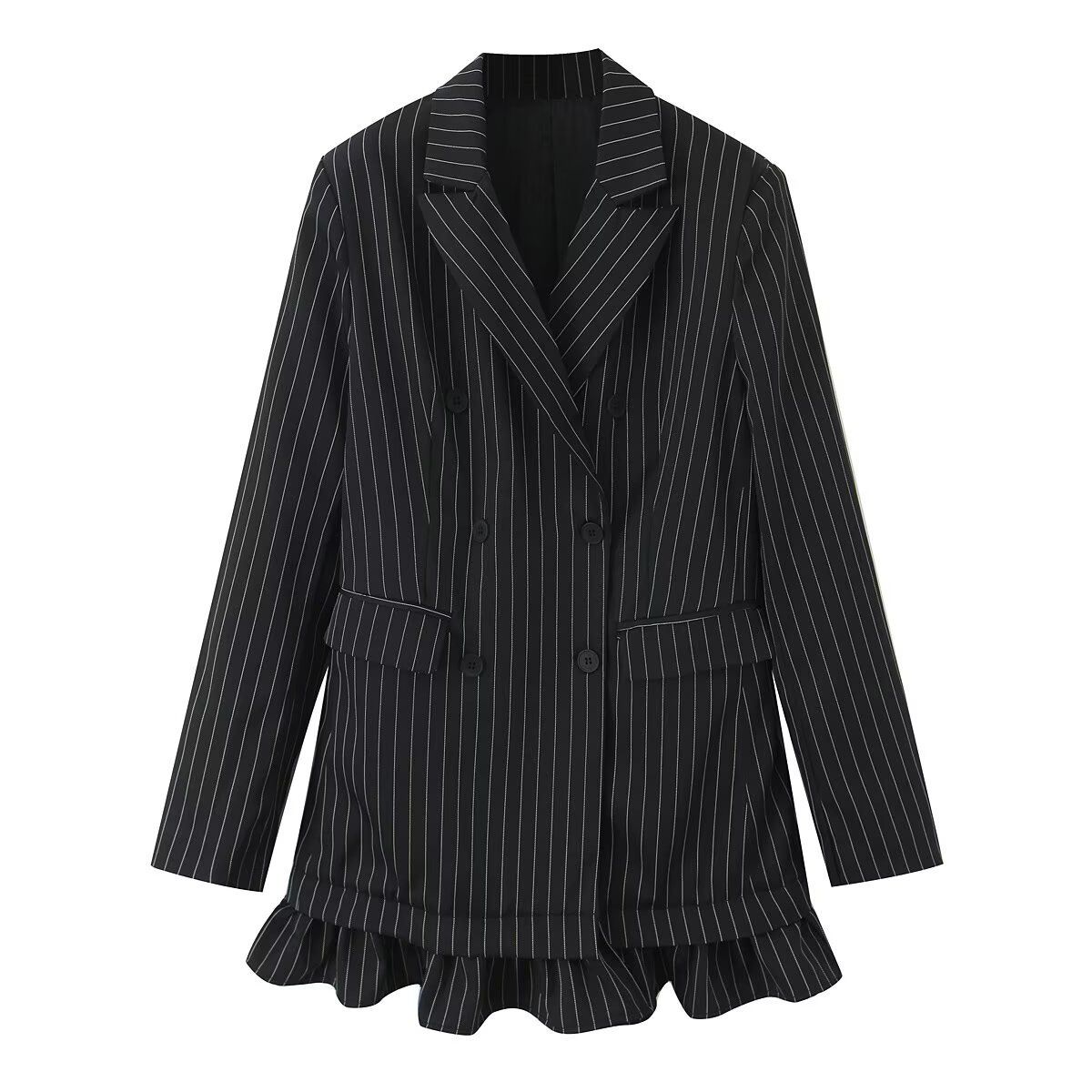 Striped Double-Breasted Blazer – Asymmetric Peplum Hem Tailored Jacket With Kinetic Hem_ecoleips.com