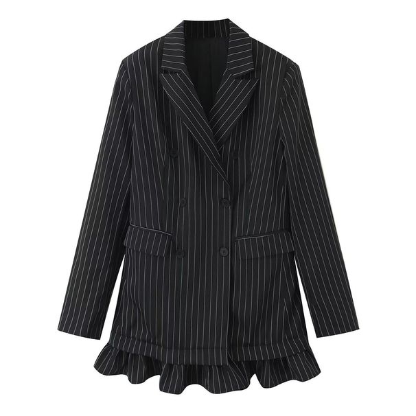 Striped Double-Breasted Blazer – Asymmetric Peplum Hem Tailored Jacket With Kinetic Hem_ecoleips.com