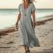 European And American Loose Solid Color V-neck Cotton And Linen Women's Dress_ecoleips.com