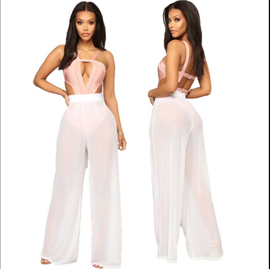 European American Women's Wide-leg High-waisted Beach-length Loose Mesh Cut-out Pants, Slimming, Casual Style,_ecoleips.com