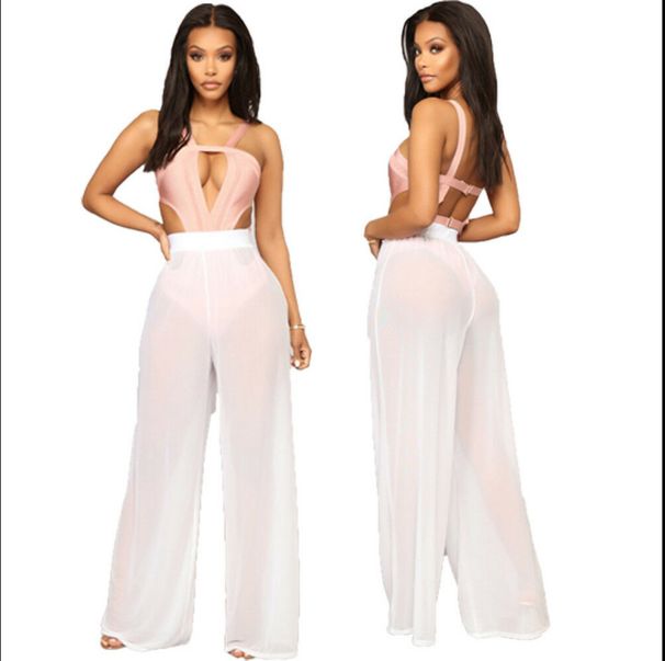 European American Women's Wide-leg High-waisted Beach-length Loose Mesh Cut-out Pants, Slimming, Casual Style,_ecoleips.com