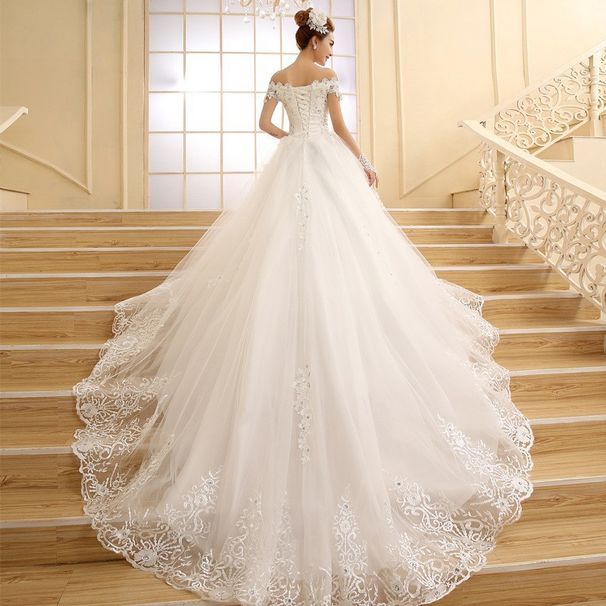 One Shoulder Wedding Dress New Korean Version Slim Shoulders Long Tail Bride Wedding Main Wedding Dress Female_ecoleips.com