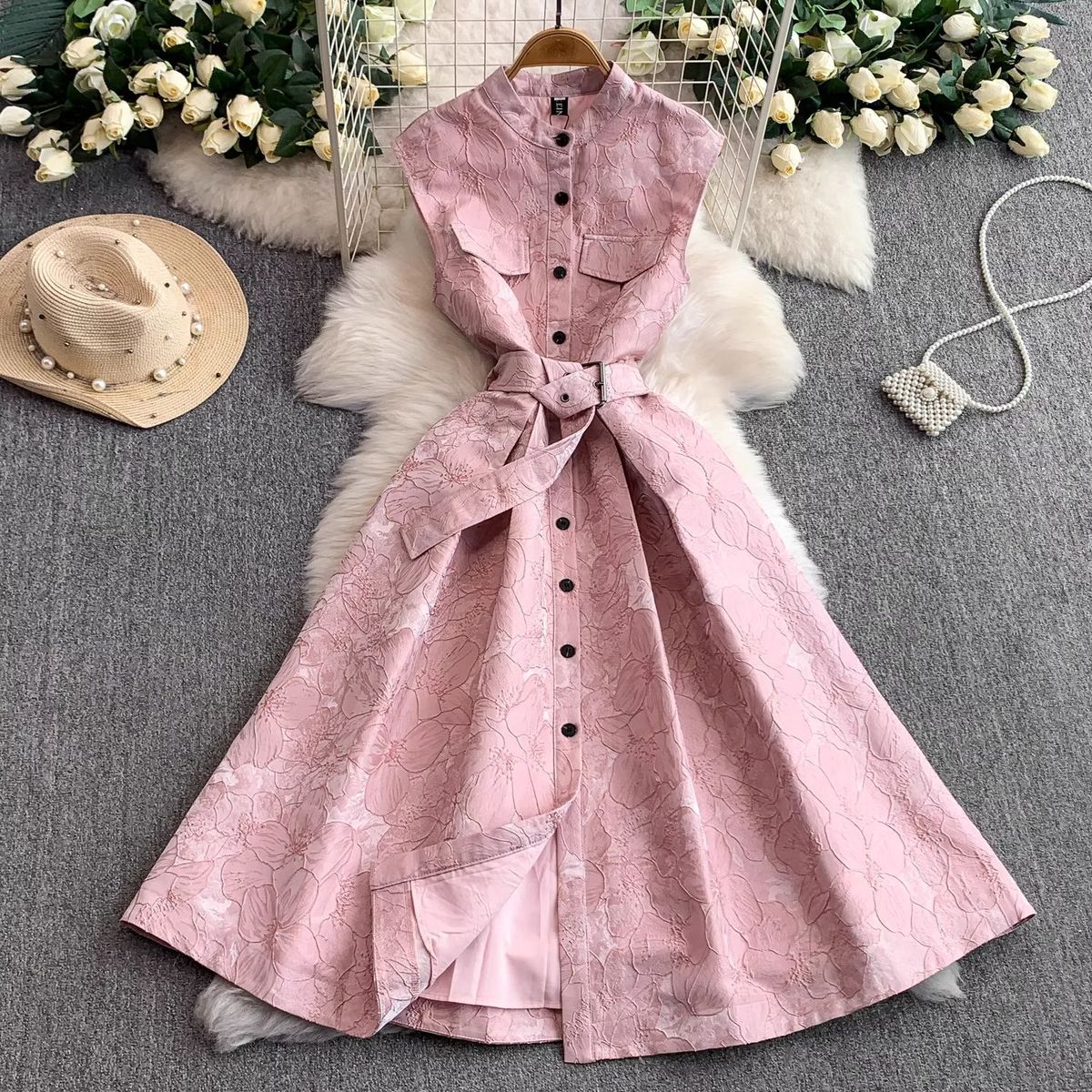 Women's Luxury High-End Jacquard Dress European American Style Round Neck Sleeveless Autumn Button Down Slimming Evening Gown_ecoleips.com