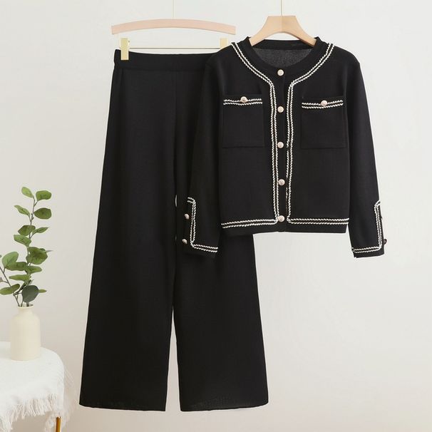 Women's Knit Cardigan & Wide Leg Pants Set - Casual Korean Style Outfit, Soft Viscose Fabric, Loose Fit Comfort, Black/Beige (One Size)_ecoleips.com