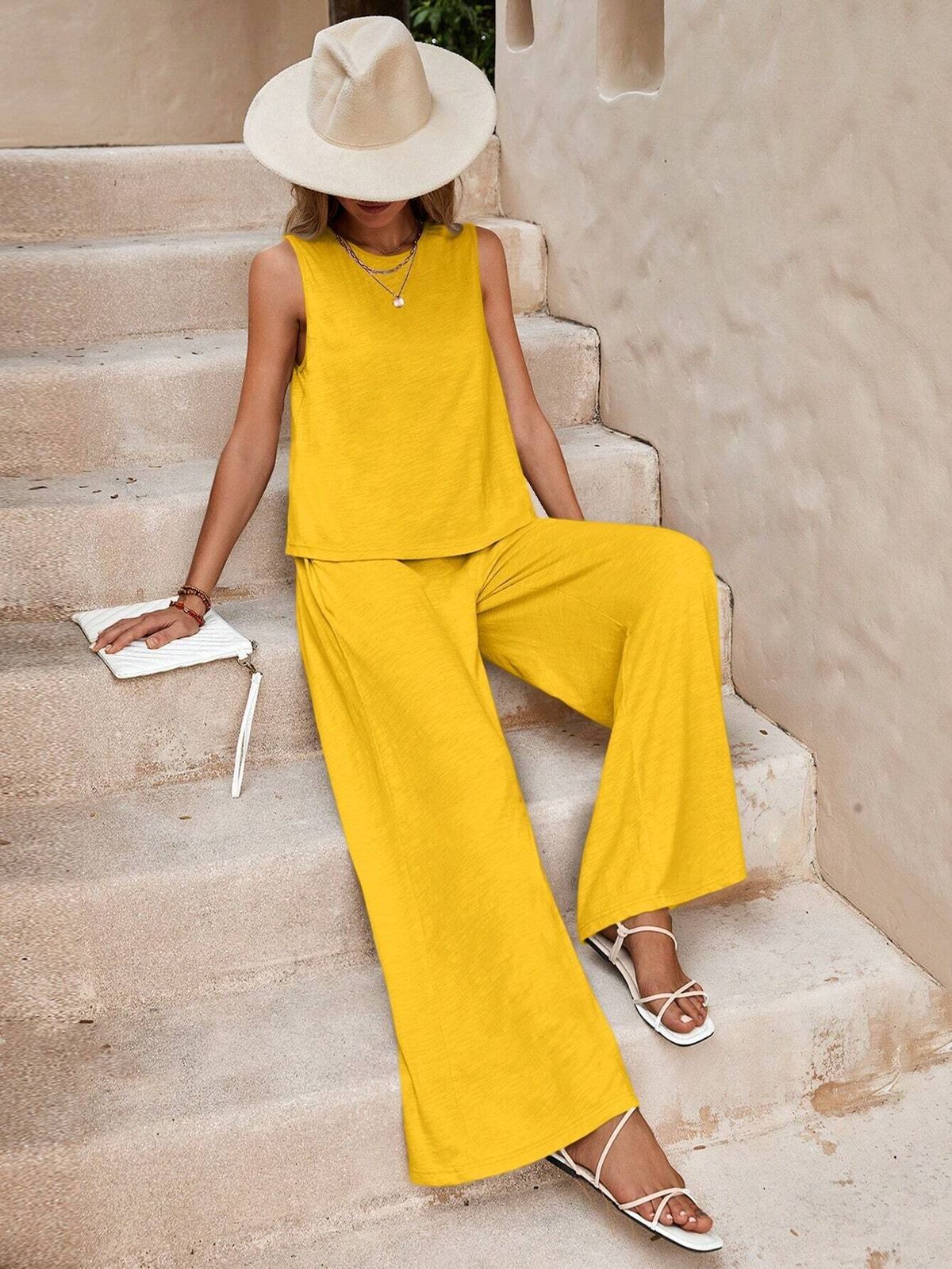 Sleeveless Round Neck Top And Relaxed Pants Two-Piece Set, 100% Cotton Comfort Womens Casual Outfit, Versatile Lounge And Daily Wear_ecoleips.com