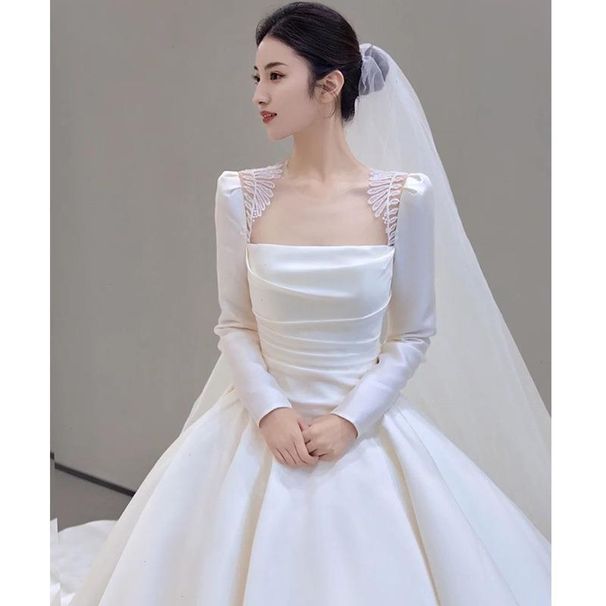 Satin Wedding Dress New Style Retro Light Long Sleeve Main Wedding Dress For Petite Girls Runaway Princess Outfit_ecoleips.com