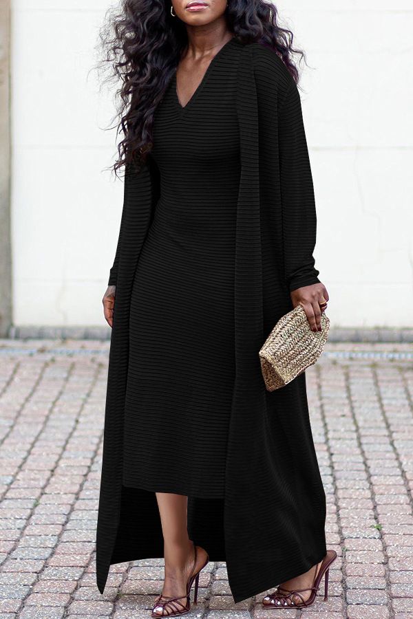 Women's Ribbed Duster Coat And V-Neck Dress Set Stretchy Lounge To Office 2 Piece Outfit S-3XL Black Brown Beige_ecoleips.com