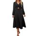 European And American Clothing Women, French Elegant Style Black Satin V-neck Long-sleeve Dress For Women_ecoleips.com