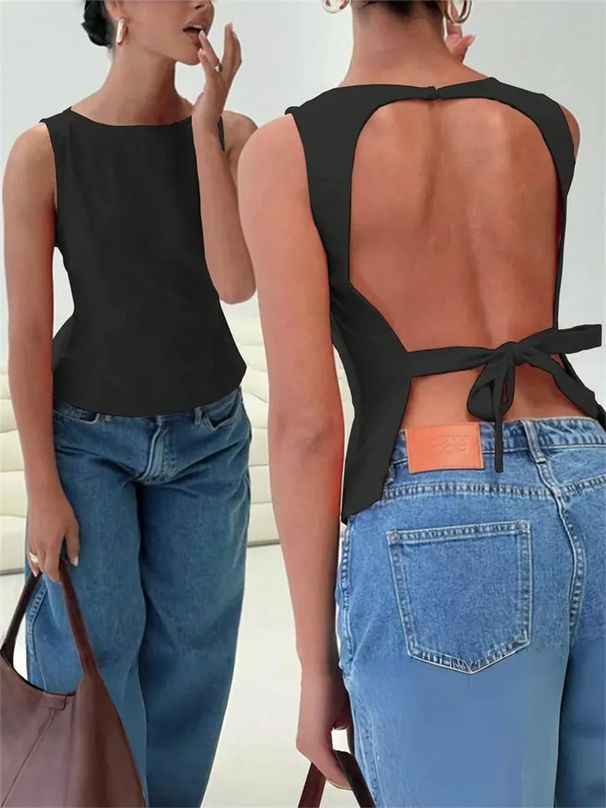 Women's Sexy Solid Color Backless Tank Top For Summer Club Sleeveless Knot Backless Tee Top Streetwear Y2K Clothes 2025_ecoleips.com