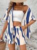 Women's Colorblock Asymmetrical Print Cardigan & Shorts Set, Fashionable Two-Piece, Comfortable Casual Wear For Daily Use_ecoleips.com