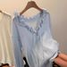 Water Forest French Romantic Linen Handmade Edge V-Neck Tie Shirt Women, Loose And Versatile Top For Women_ecoleips.com
