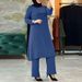 New Muslim Women's Round Neck Placket Puff Sleeve Shirt Side Seam Decorative Wooden Button Fashion Casual Set_ecoleips.com