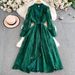 Women's Fitted Waist Dress Heavy Embroidery V Neck Lantern Sleeves Single Breasted Long Dress Autumn Winter 2025_ecoleips.com