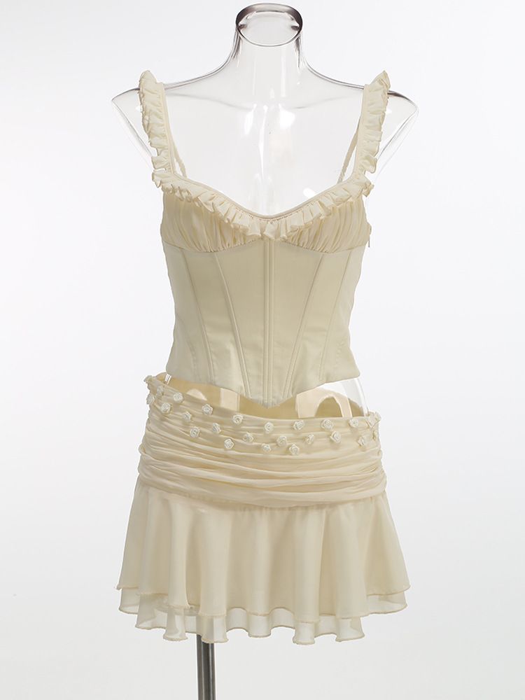 Fashion Sexy Camisole Top Mesh See-through Floral Pleated Short Skirt Two-piece Set For Women_ecoleips.com