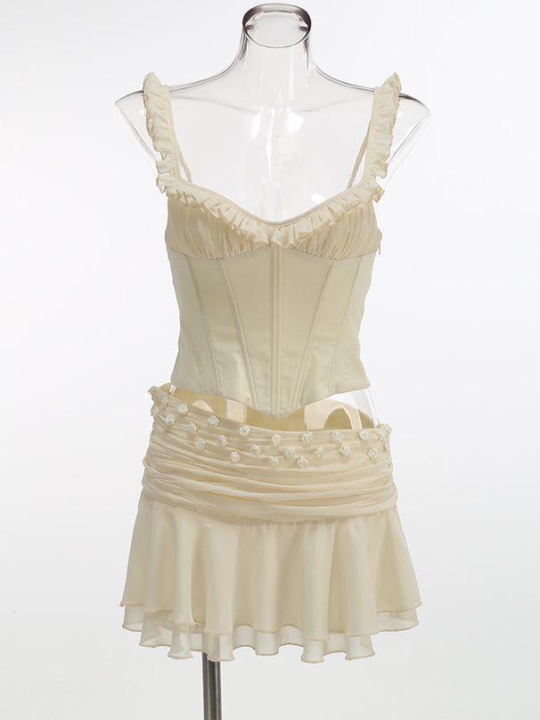 Fashion Sexy Camisole Top Mesh See-through Floral Pleated Short Skirt Two-piece Set For Women_ecoleips.com