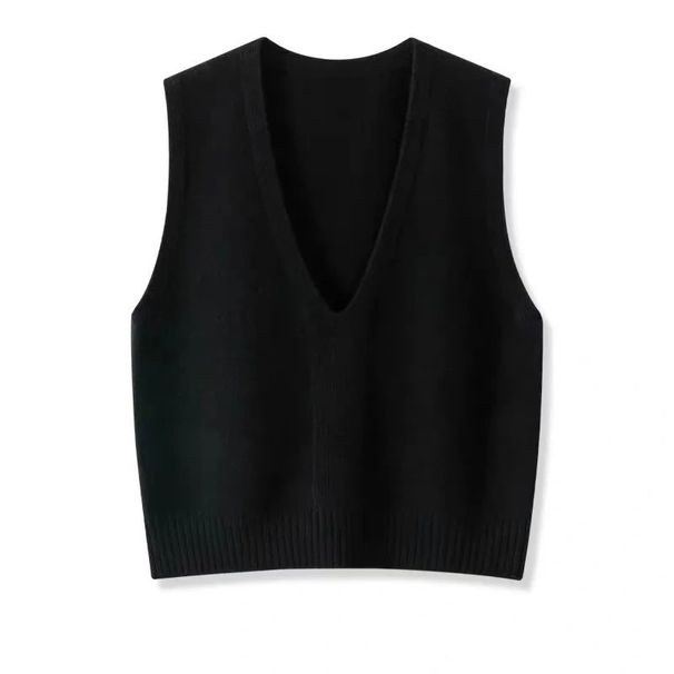 Aria Basics Women's V-neck Loose Pullover Outerwear Waistcoat Wholesale Versatile Black Knitted Vest_ecoleips.com