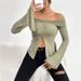 Voya Women's 2026 Autumn/Winter New Collection: One Word Collar, Split Horn Sleeve, Long Sleeve Knitted T-shirt, Sexy Top_ecoleips.com