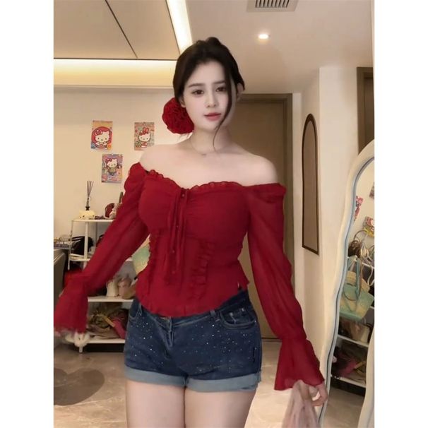 Ruffled Plus-size Square-neck Niche Fashion Pure-desire Hot Girl Style Top For Women, New Spring Long-sleeve Shirt,_ecoleips.com