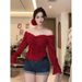 Ruffled Plus-size Square-neck Niche Fashion Pure-desire Hot Girl Style Top For Women, New Spring Long-sleeve Shirt,_ecoleips.com
