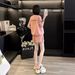 Pink Letter Print Set For Women, Summer 2025, Loose Youthful Casual Sweatshirt And Shorts, Slimming Two-Piece Outfit_ecoleips.com