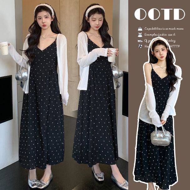 Autumn New Korean Fashion Cardigan + Strap 2-Piece Maternity Dress_ecoleips.com