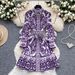 Women's Retro Court Style Midi Dress High End Printed Lantern Sleeve Stand Collar Slimming Waist Mature Fashion_ecoleips.com