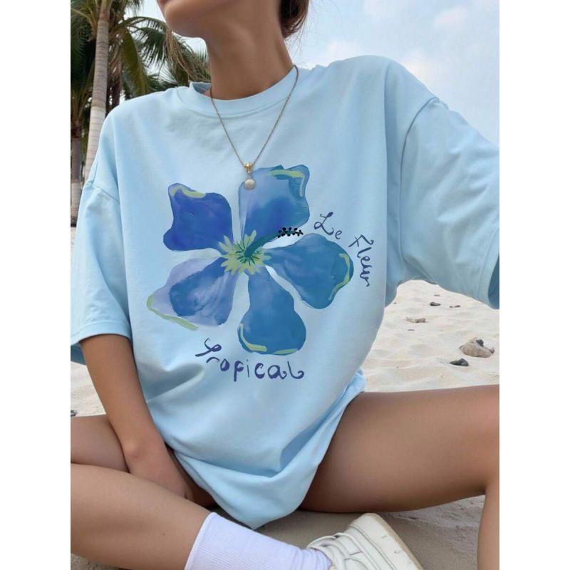 European Size Women's Floral Print Cotton Top Pure Oversized round Neck Drop Shoulder_ecoleips.com