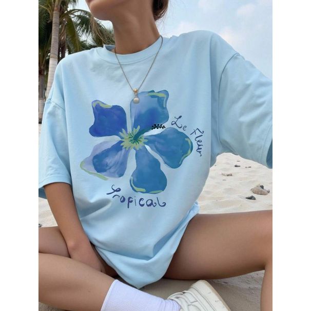European Size Women's Floral Print Cotton Top Pure Oversized round Neck Drop Shoulder_ecoleips.com
