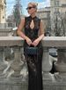 Fantoye Sexy Hollow Out Lace Jacquard Round Neck Split Women Maxi Dress Solid Sleeveless Winter Female Bodycon Elegant Vestidos_ecoleips.com