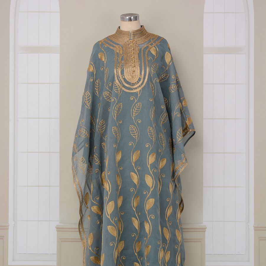 Women Fashion Cotton Yarn Embroidered Gold Ribbon Muslim Robe Vest Two Piece Set Abaya Dress_ecoleips.com