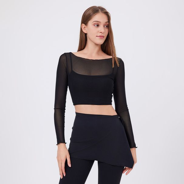 K Fake Two-piece Mesh Sports T-shirt For Women With Long Sleeves And A Chest Pad, Yoga Outfit, Crop Top, Quick-drying, Slim Fitness Clothing._ecoleips.com