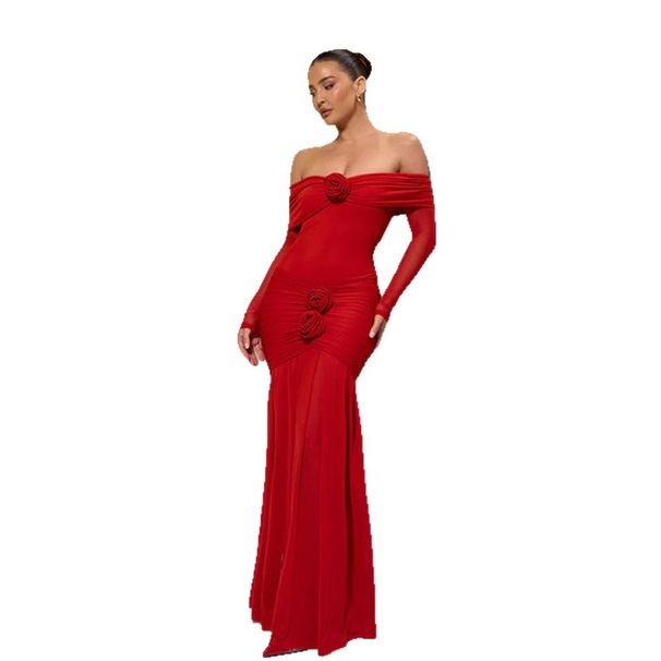 Women's Sexy Off Shoulder Shirred Solid Color Floral Embellished Bodycon Maxi Dress – Elegant Party Gown_ecoleips.com