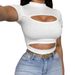 Voya Women's Pure Desire Style Hollow Out Half High Neck Short Cut Slim Fit T-shirt Summer Sexy Spicy Girl Short Sleeved Top_ecoleips.com