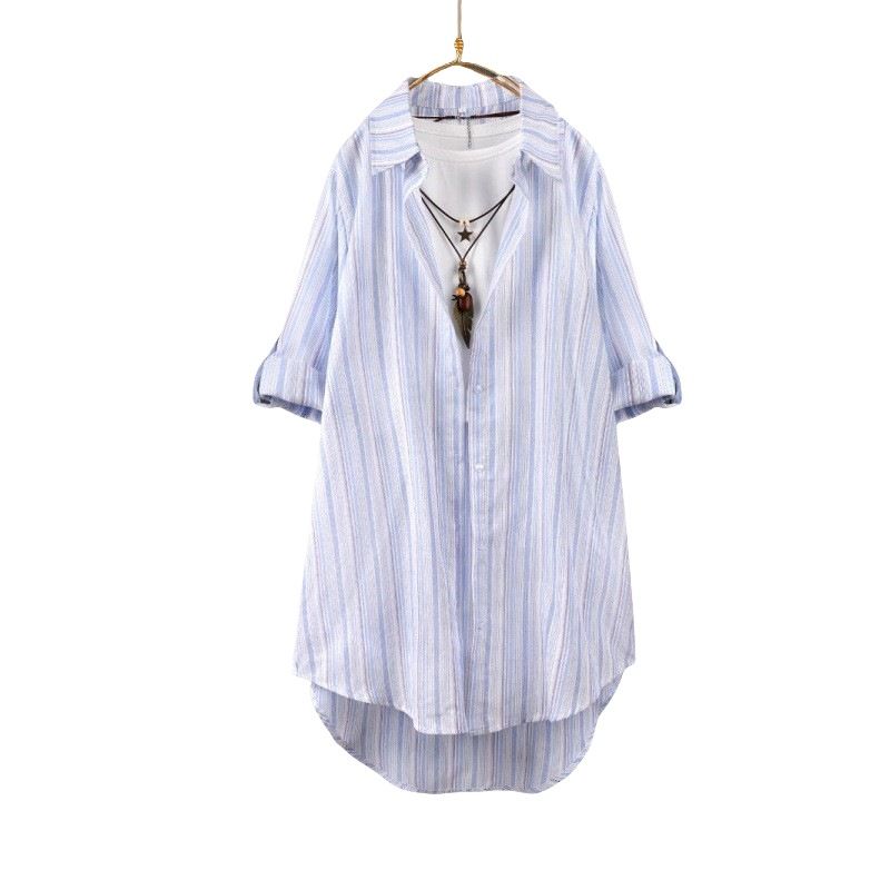 Spring Women's Slimming Long-Sleeved Shirt With Loose Vertical Stripes And Large Size_ecoleips.com