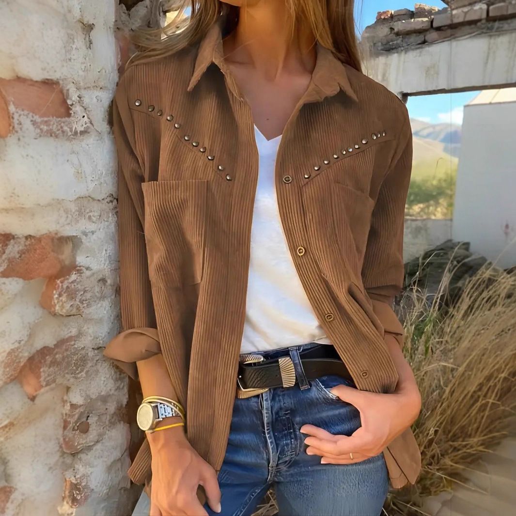 Women's Corduroy Shirt Jacket – Vintage Rivet Pocket Overshirt With British Style (S-XXL, Green/Brown)_ecoleips.com