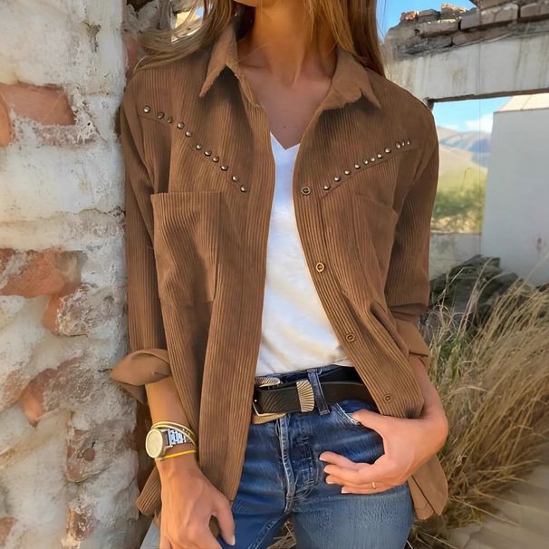 Women's Corduroy Shirt Jacket – Vintage Rivet Pocket Overshirt With British Style (S-XXL, Green/Brown)_ecoleips.com