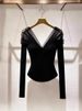 Fashion Elegant T Shirts Solid Color Lace Patchwork V Neck Long Sleeve Crop Tops Female Slim Design Tees 2025 New Women Clothing_ecoleips.com