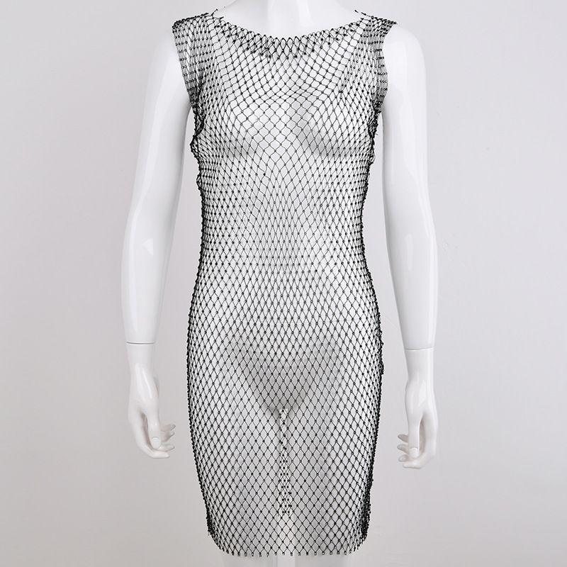 Women Glamorous Party Dress Featuring Sheer Mesh Fabric, Shining Rhinestone Embellishment And Classic Crew Neckline_ecoleips.com