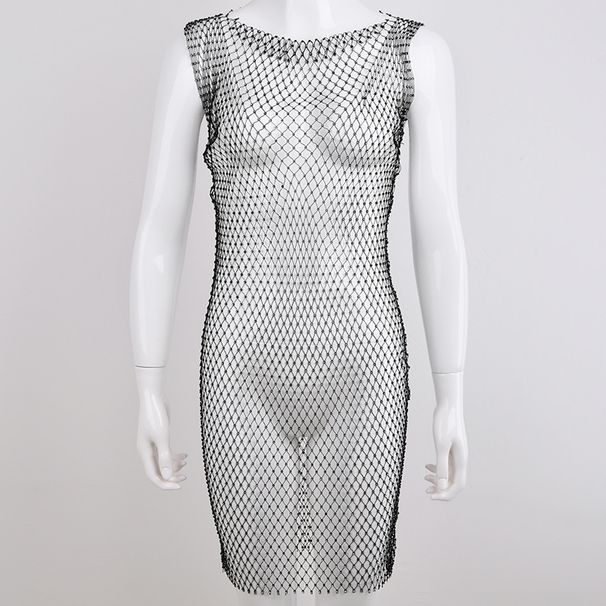 Women Glamorous Party Dress Featuring Sheer Mesh Fabric, Shining Rhinestone Embellishment And Classic Crew Neckline_ecoleips.com