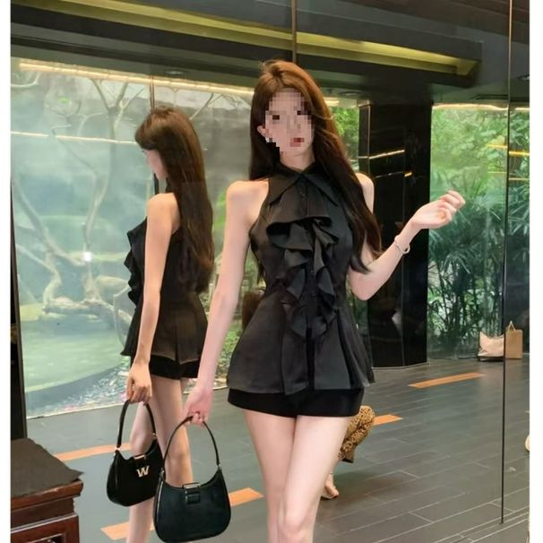 Official Image Price: Ruffled Sleeveless Shirt Top For Women, Summer French Style, Mid-Length, Slim-Fit, Waist-Cinching_ecoleips.com