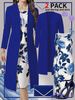 Women's Clothing Two Piece Set Dress Long Sleeved Cardigan Jacket Blue White Color Block Porcelain Print_ecoleips.com