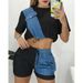 Women's Clothing Summer New Fashion Denim Splicing Navel Baring Short Sleeved Shorts Two Piece Suit_ecoleips.com