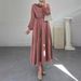 Women's Clothing Muslim Solid Color Sleeves With Belt Long Fashionable Temperament Dress_ecoleips.com