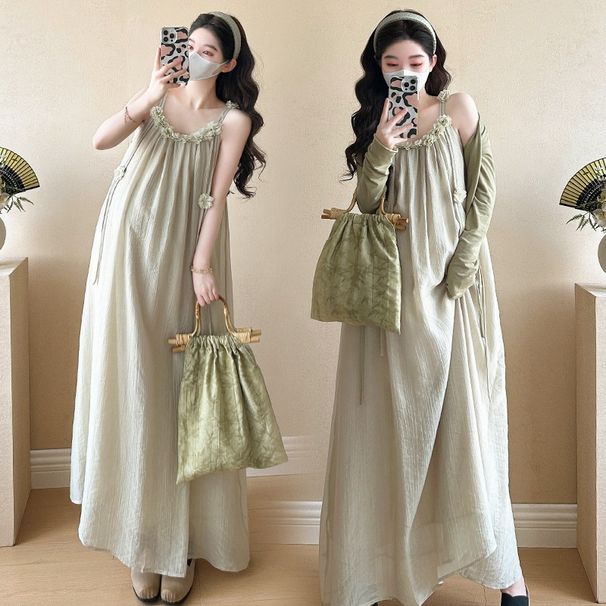 Autumn New Korean Fashion Maternity Dress Two-Piece Set With Strap Cardigan_ecoleips.com