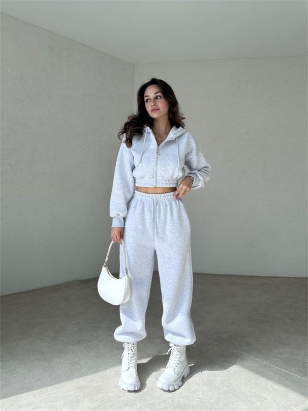 Women's Casual Hoodie & Jogger Set – Zip-Up Long Sleeve Pullover With Drawstring Hood & Elastic Waist Sweatpants, Streetwear Two-Piece Outfit_ecoleips.com